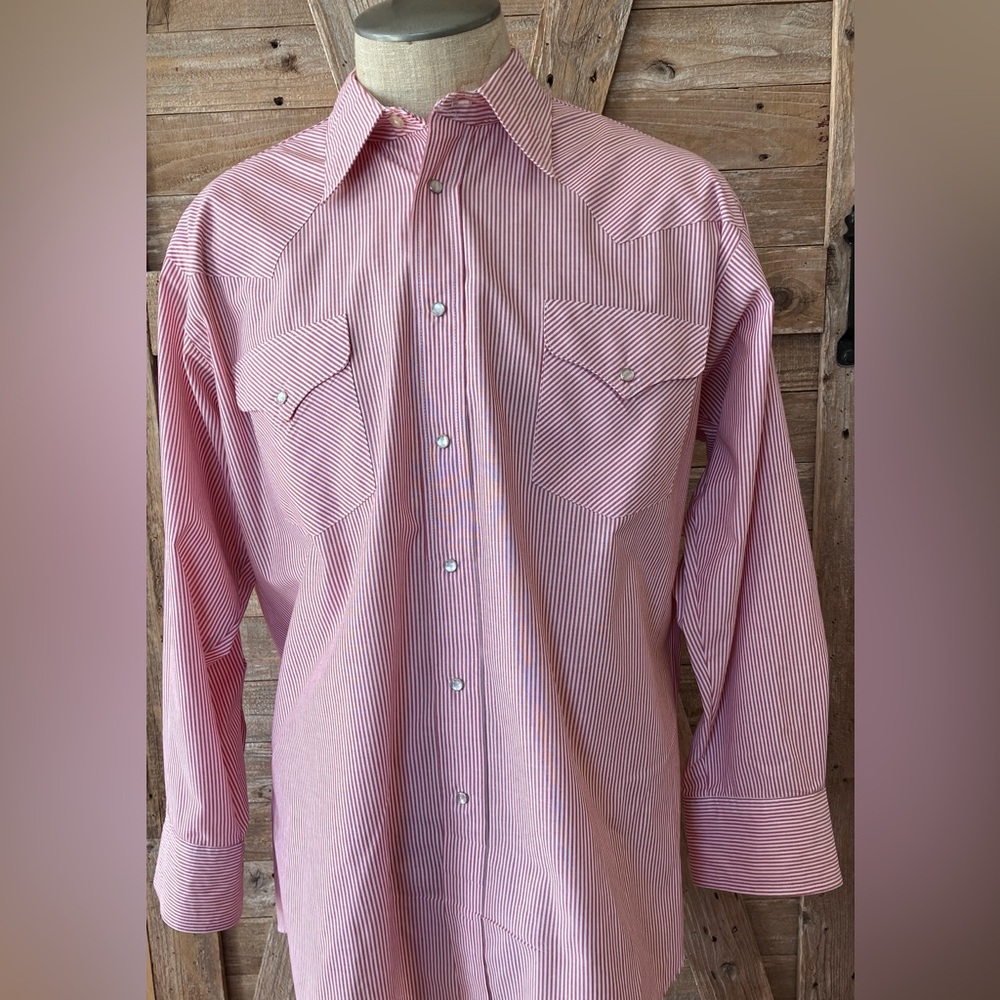 Ruddock Western Pearl Snap Shirt 17.5 Red White Stripe Made in USA